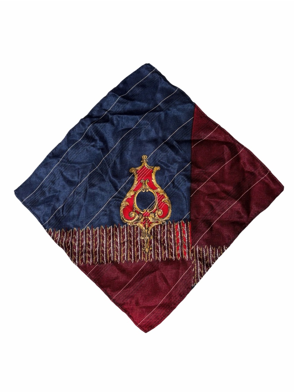 Men’s Pocket Square Blue Burgundy Central Baroque Gold Red Heraldic Crest Satin